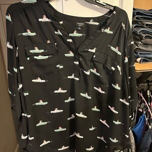 Torrid Black Blouse with “Go Dogs” French BD Car Print